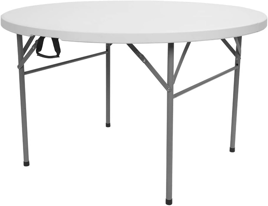 VINGLI 48 Round Bi-Folding Commercial Table, 4 Feet Portable Plastic Dining Card Table for Kitchen or Outdoor Party Wedding Event, White Granite