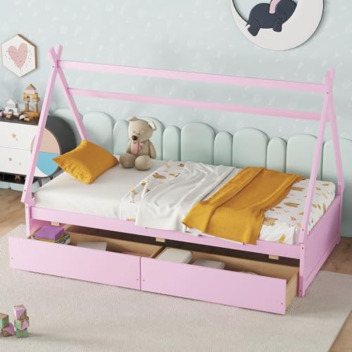 Twin Size House Platform Bed with Two Drawers Headboard and Footboard Wood Daybed Frame Bedroom Furniture for Girls BoysKids, No Box Spring Needed