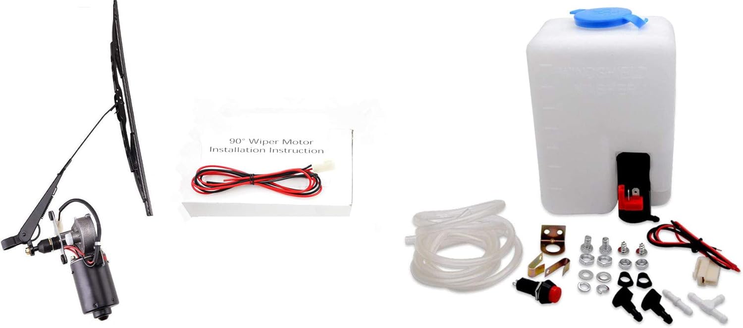 Universal 12V Electric Motor UTV Windshield Wiper Kit w/Windshield Washer Pump Kit Fit Hard Coated or Glass Windshields Polaris RZR Ranger etc.
