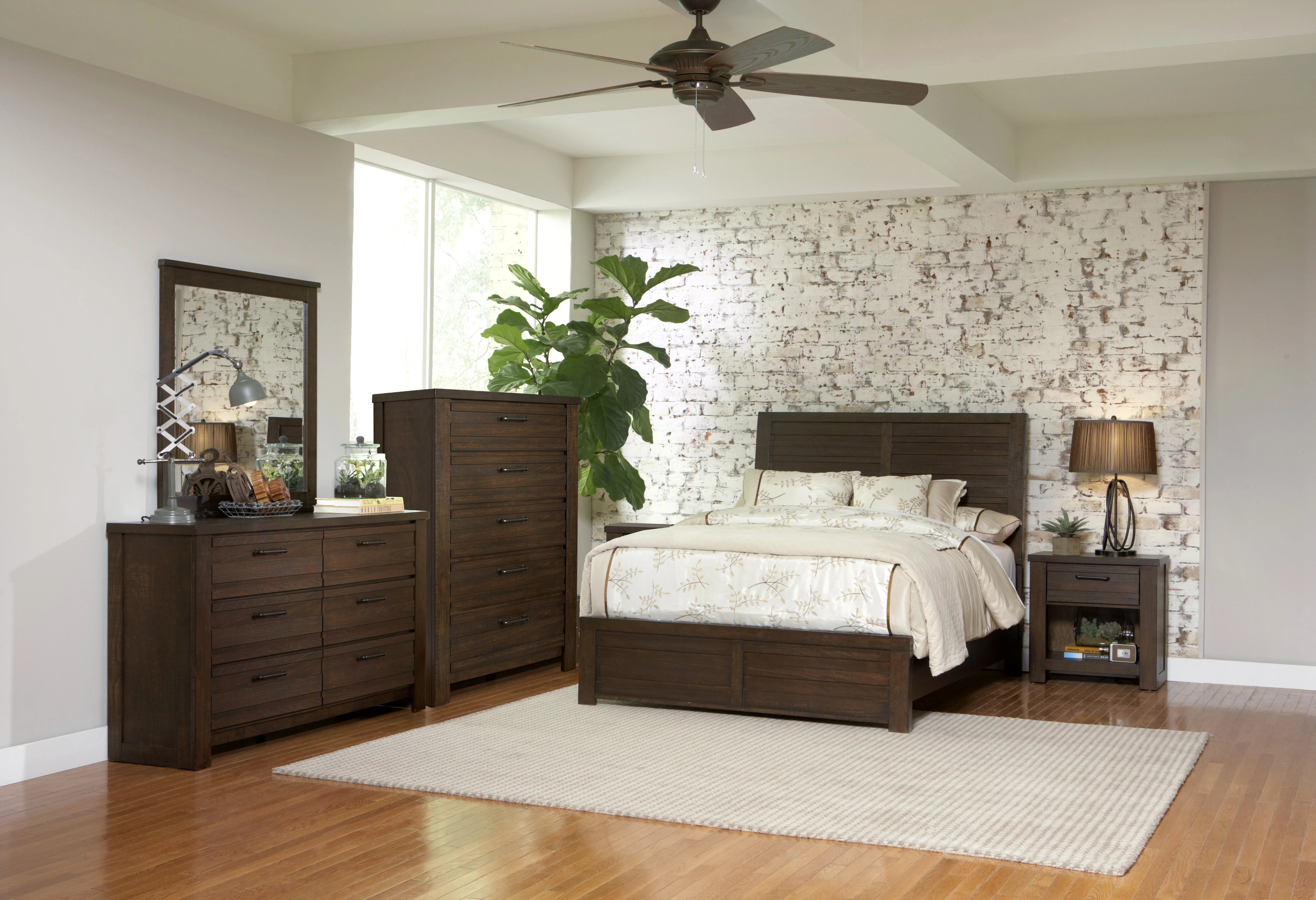 Sedona Transitional Wood Bedroom Set, Panel Queen Bed with Dresser, Mirror, Two Nightstands, Chest in Espresso
