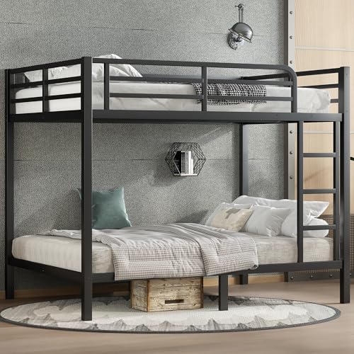 Heavy Duty Bunk Bed Frame with Ladder, Twin XL Over Twin XL Bunk Beds with Safety Guardrails, Adults Bunk Beds with Noise-Reducing Rubber Stoppers