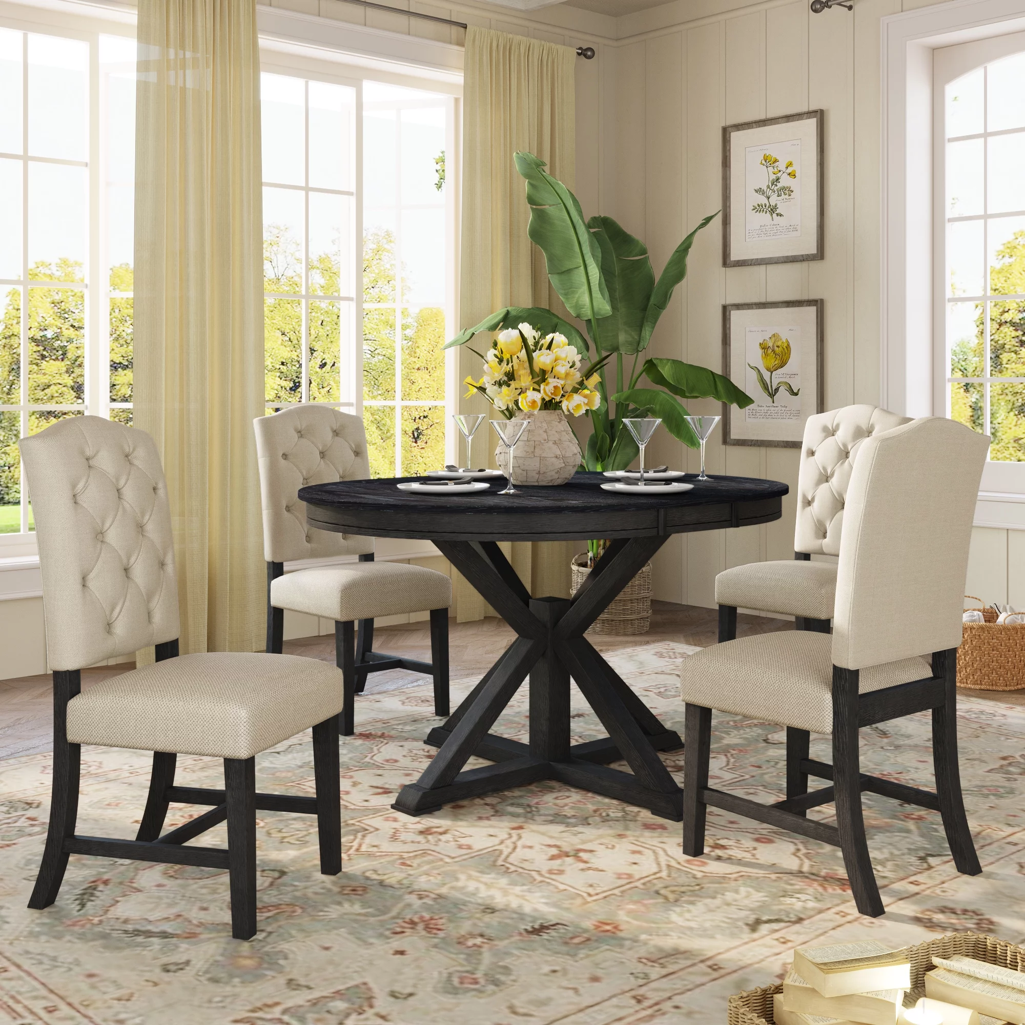 Prehome Functional Furniture Retro Style Dining Table Set with Extendable Table and 4 Upholstered Chairs for Dining Room and Living Room(Espresso)