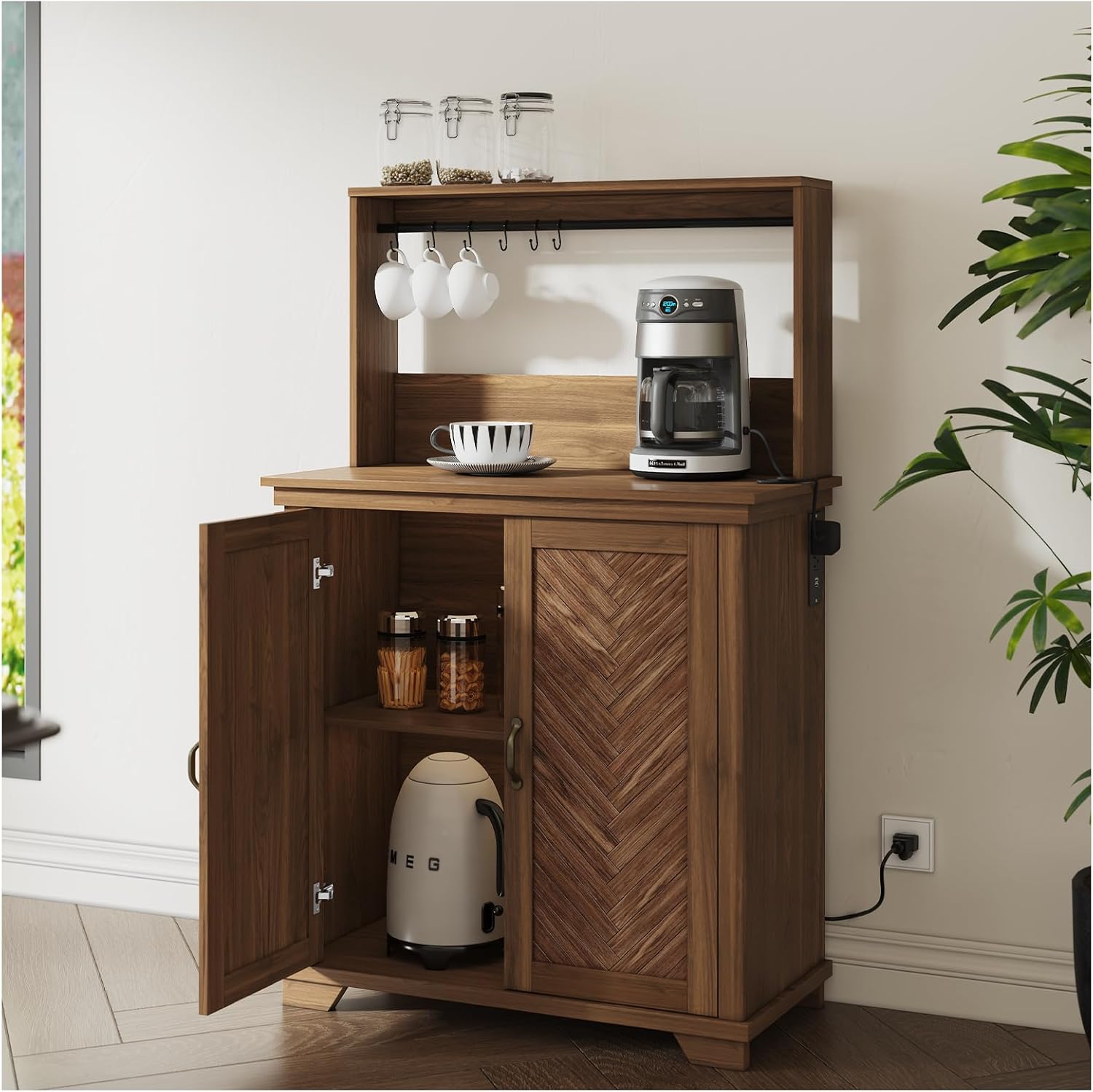 Coffee Bar Cabinet with Storage,Farmhouse Coffee Bar Table with Charging Station,Coffee Buffet Cabinet with 6 Hooks & Adjustable Shelf