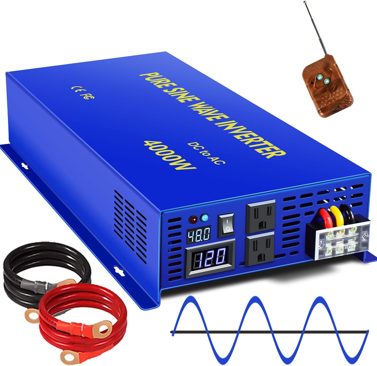 XYZ INVT 4000W Pure Sine Wave Inverter 48V DC to 120V AC Surge 8000 Watt Power Converter Generator with Wireless 100ft Remote Control for Solar