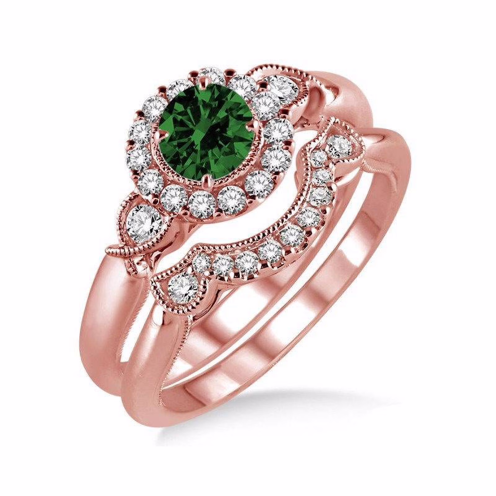 1.25 Carat Emerald & Diamond Antique Three Stone Flower Halo Bridal Set in 14k Rose Gold emerald and diamond engagement ring