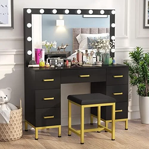 RUNFAYBIU Vanity Set with Lighted Mirror  44''  Vanity Dressing Table with 14PCS LED Bulbs  Vanity Desk with Cushioned Stool &amp