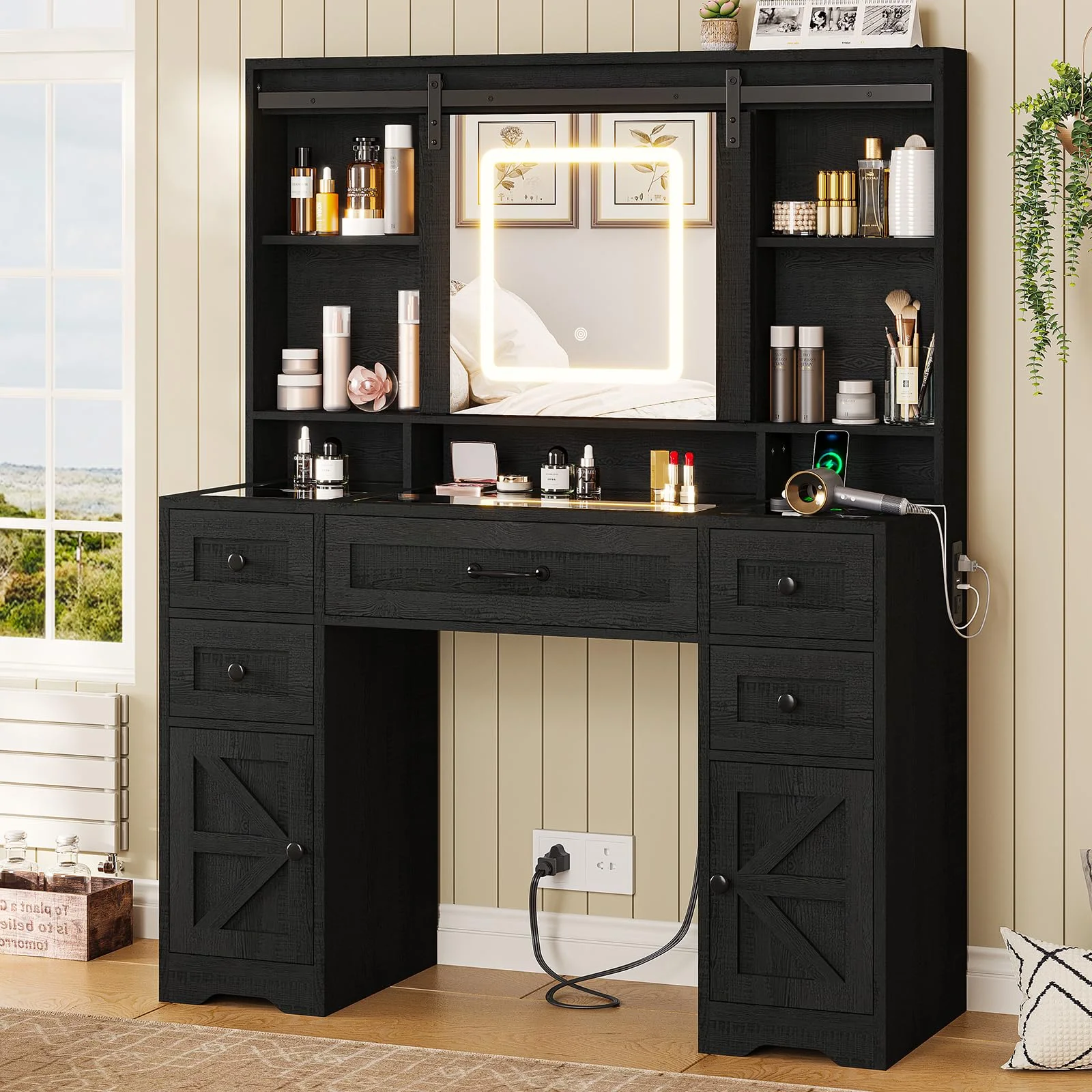 Afuhokles Vanity with Lighted Mirror, Glass Top Vanity Desk with Charging Station, Large Makeup Table with 5 Drawers, Black