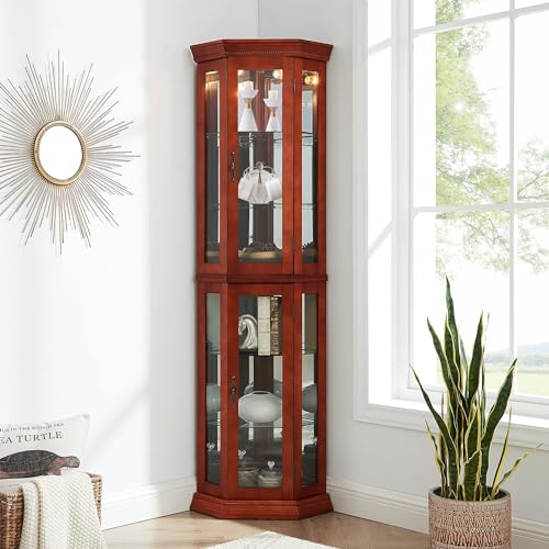 Corner Curio Cabinet with Lights, Lighted Display Cabinet with Glass Doors and Adjustable Shelves