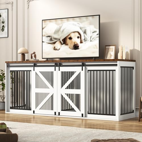 87In Farmhouse Dog Crate TV Stand, Wooden Dog Kennel Furniture with Sliding Metal Mesh Barn Door, Large Dog Crate Furniture for 2 Dogs