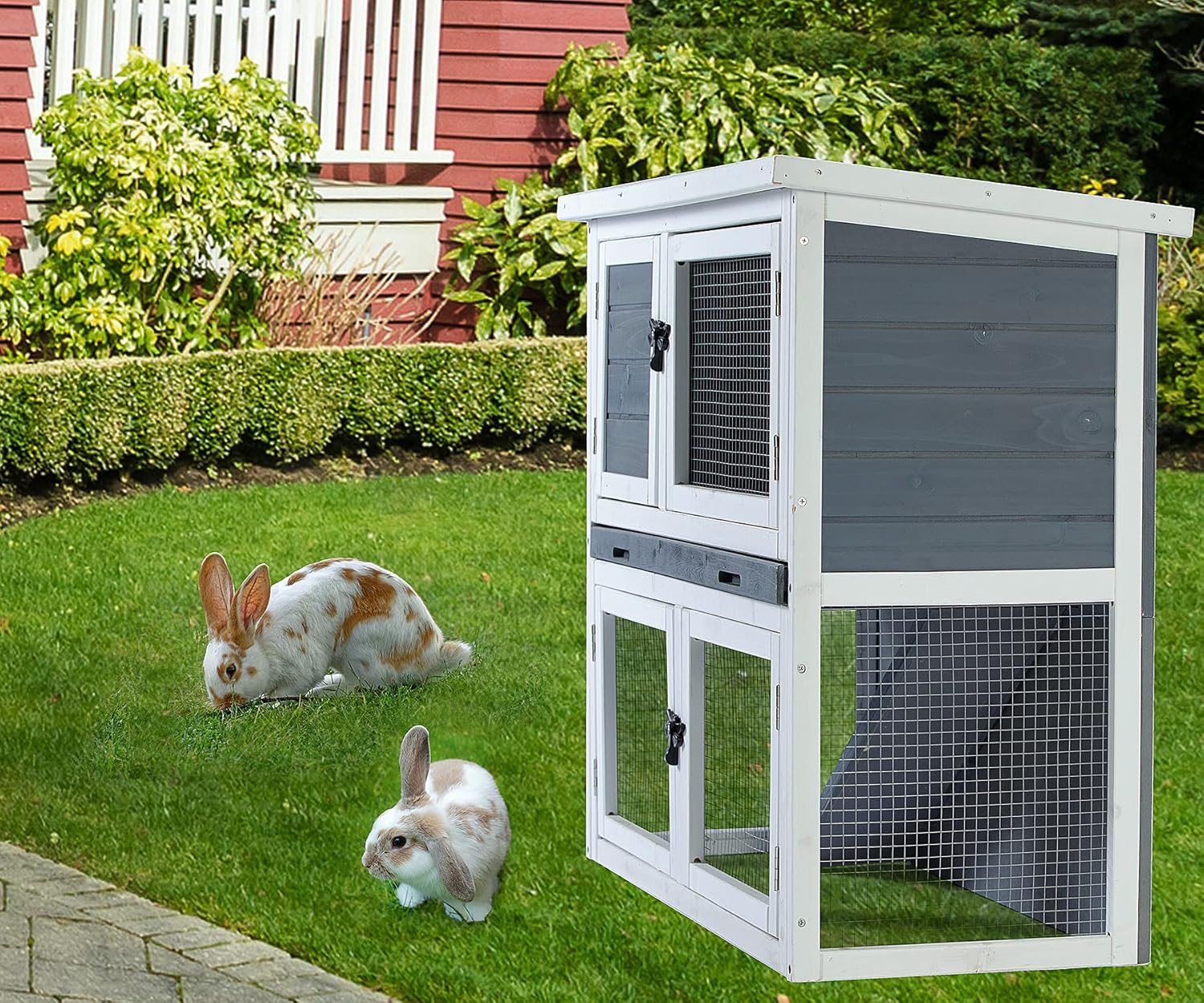 Goohome Two Floors Wooden Rabbit Hutch Outdoor, Guinea Pig Hutch, Bunny Cages for Rabbits Outdoor with Ramp Removable Tray and Weatherproof Roof
