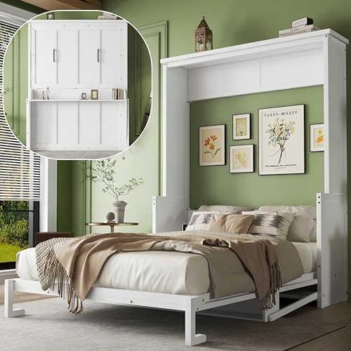Queen Murphy Bed, Wood Hidden Wall Bed Frame with Desk and Gas Struts, Folding Cabinet Bed for Bedroom, Guestroom, Small Space, No Box Spring Needed