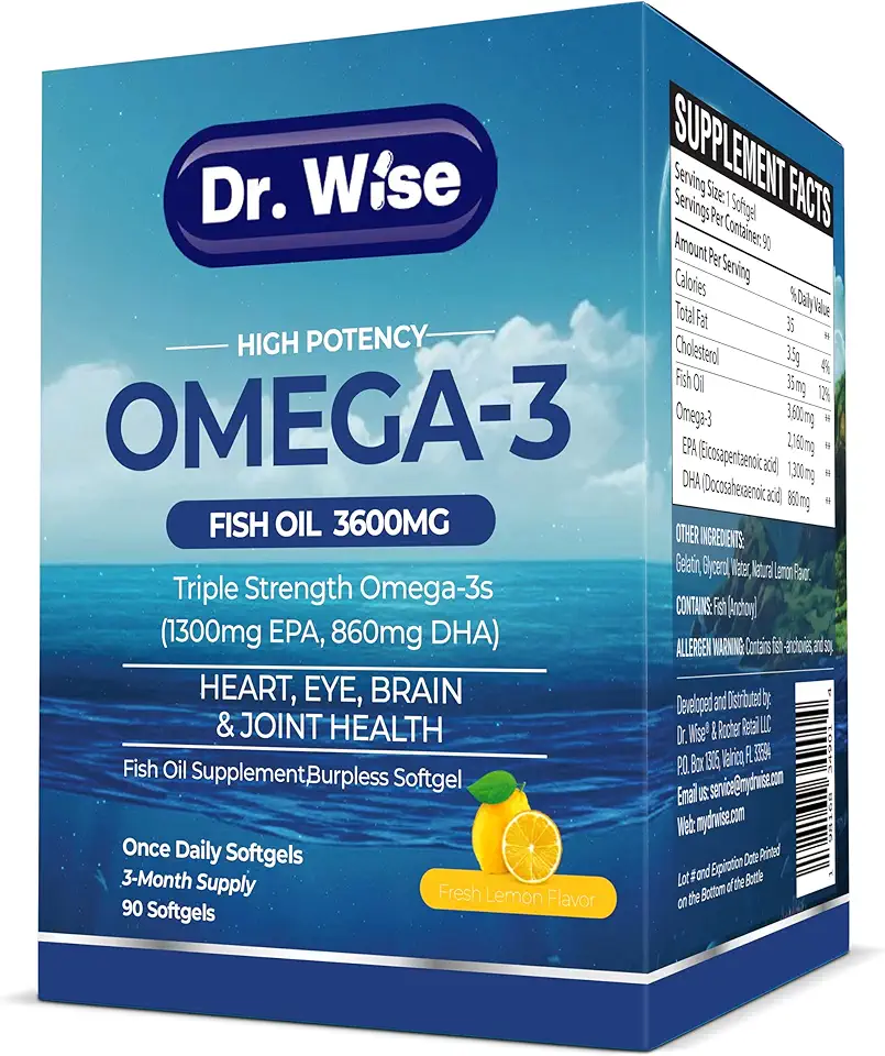 Dr. Wise Omega-3 Fish Oil 3600mg (2160mg Omega-3) – 1300mg EPA & 860mg DHA – High Potency