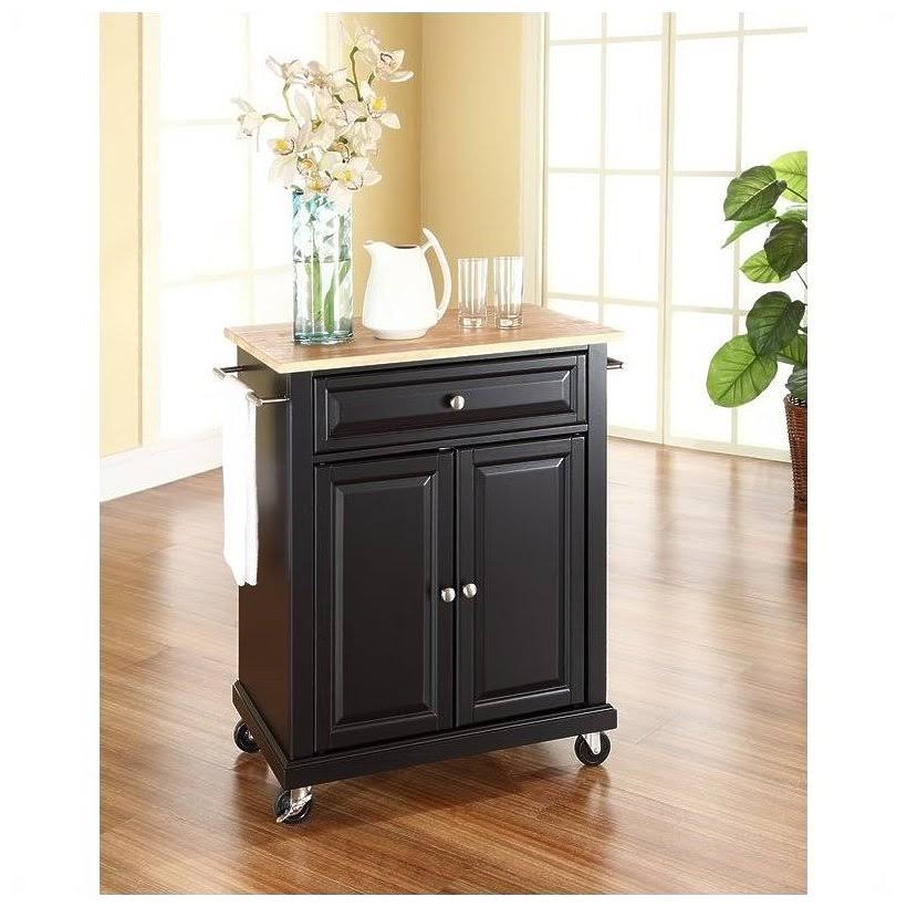 Pemberly Row Natural Wood Top Kitchen Cart in Black - PR-376093