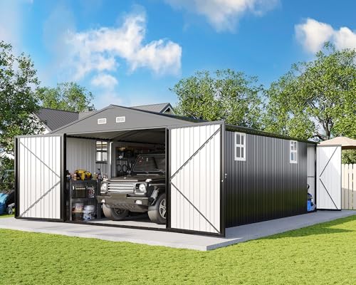 AMERLIFE 13.2x21x8 FT Outdoor Metal Garage Shed, Extra Large Storage Shed with Double Hinged Doors, 4 Windows, Carport for Car, Truck