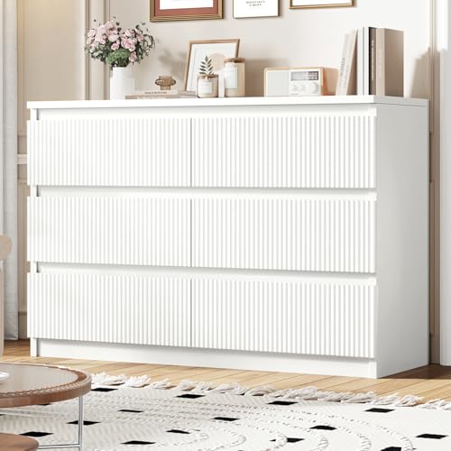 White 6 Drawer Dresser for Bedroom, Modern Fluted Dresser with Deep Drawers, Large Double Wooden Chest of Drawers for Living Room, Hallway