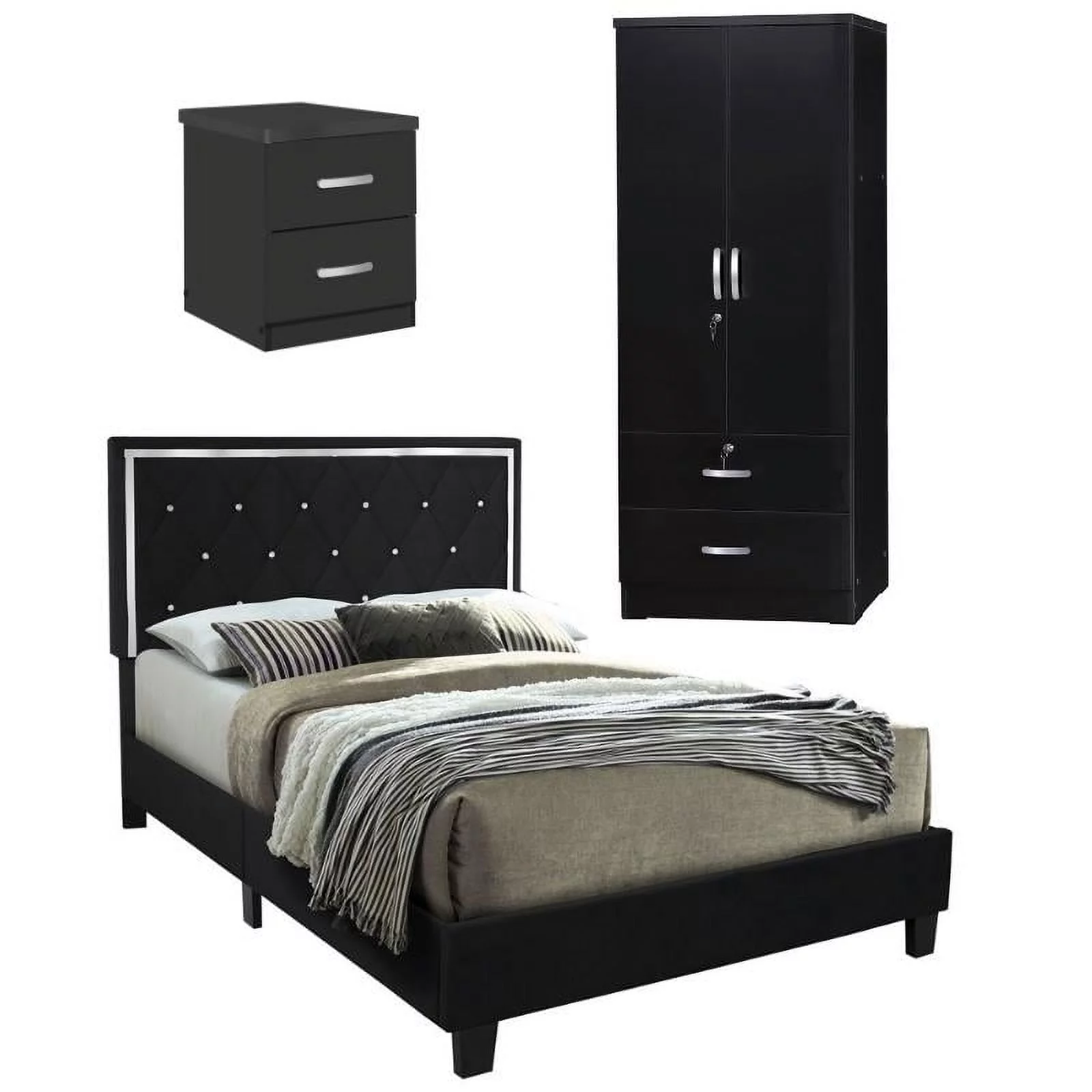 Home Square 3-Piece Set with Queen Bed Wardrobe Armoire & 2-Drawer Nightstand - Curated Treasures Market