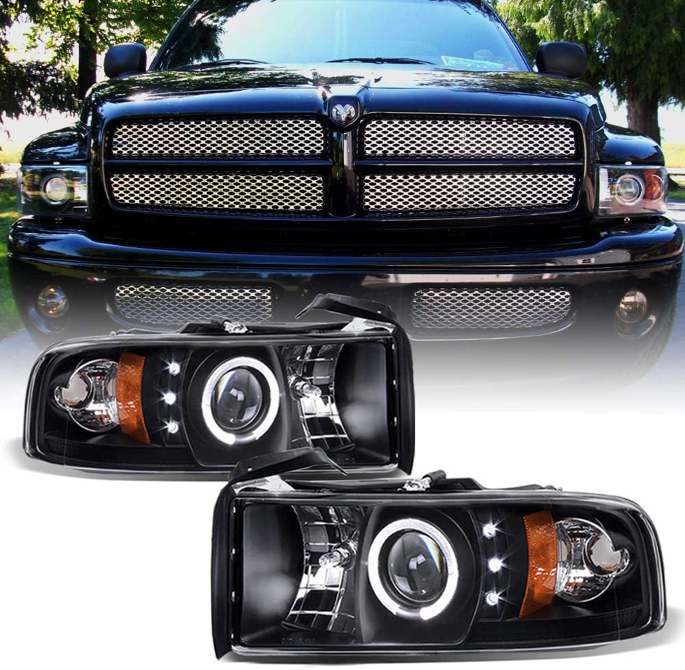 ACANII - For 1994-2001 Dodge Ram 1500 2500 3500 LED Halo Ring Chrome Housing Projector Headlights Headlamps Assembly