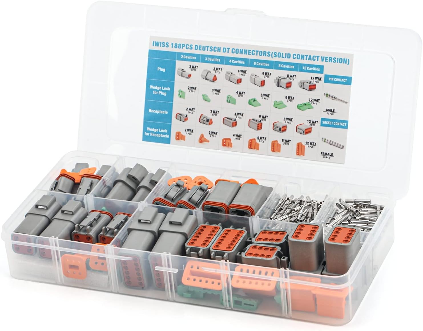 IWISS 188PCS Deutsch DT Gray Connector Kit with Size 16 Solid Contacts in 2,3,4,6,8 and 12 Pin Configurations