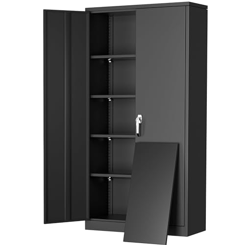 Greenvelly Metal Storage Cabinet, 72" Black Locking Metal Garage Storage Cabinet with Doors and 4 Adjustable Shelves