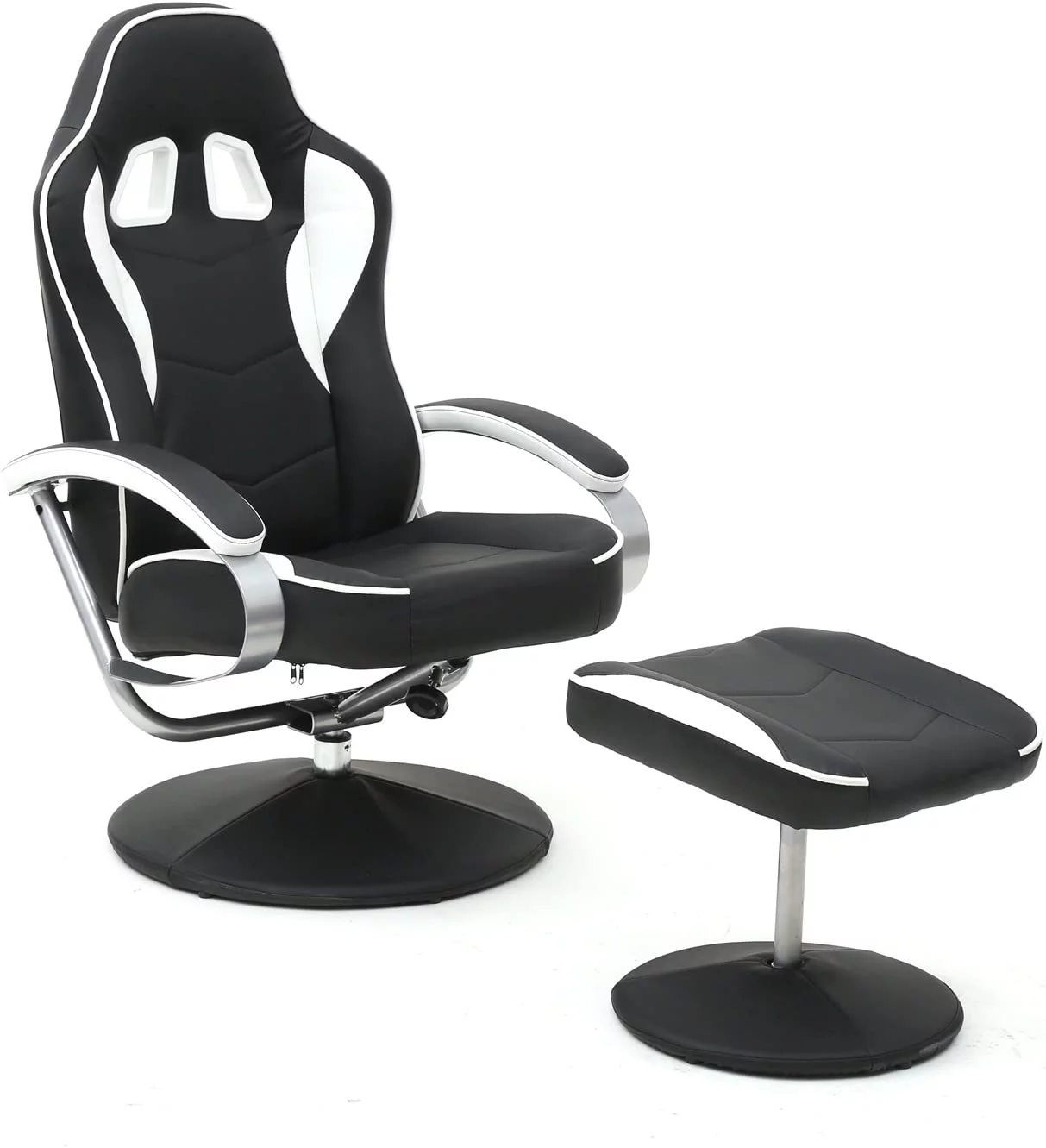 Black PU Racing Recliner Chair Set 360 Degree Swivel With Ottoman For Video Game Office Home Theater