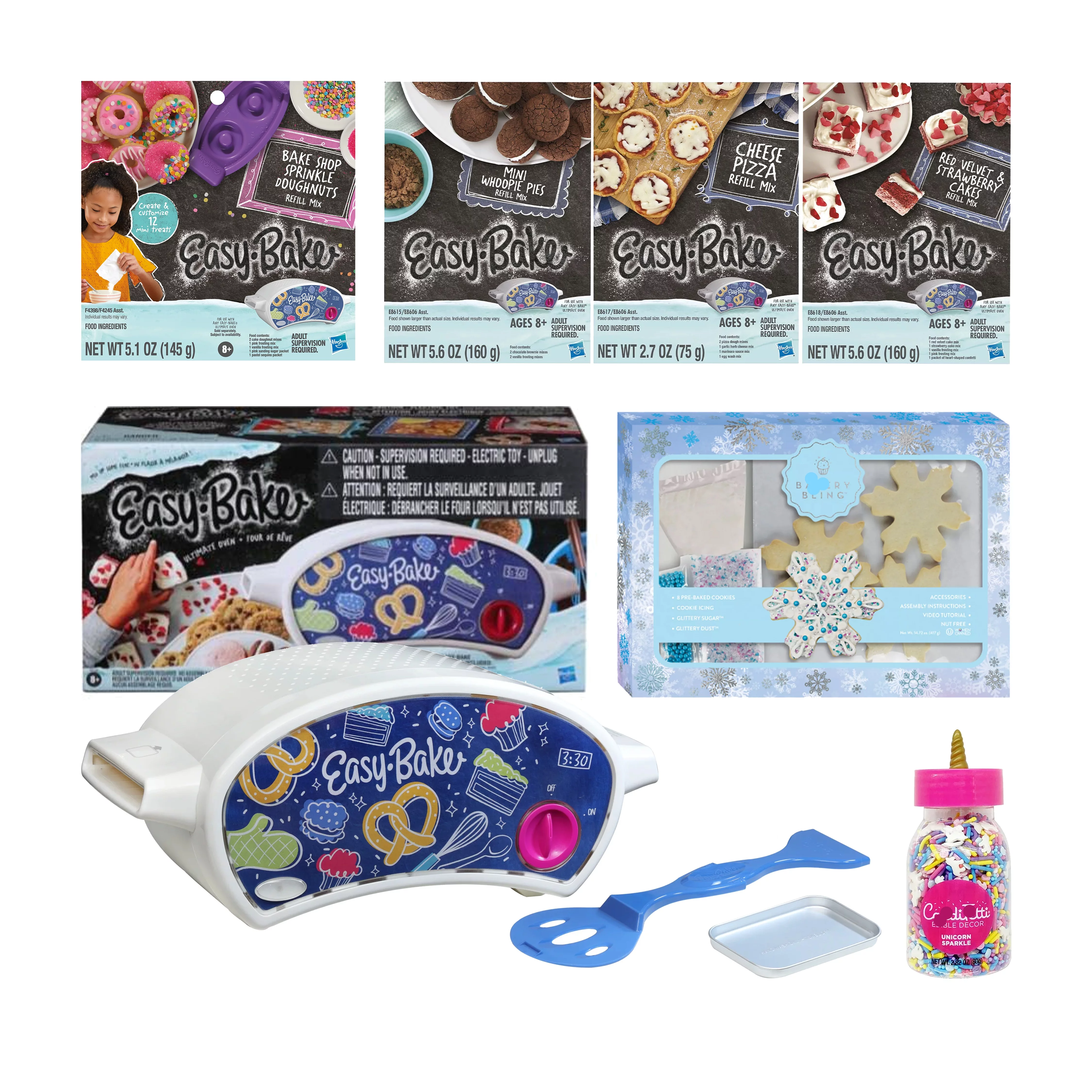 Easy Bake Oven Set with Baking Accessories - 4 Delectable Refill mixes (Red Velvet Strawberry Cupcakes, Donut, Pizza and Whoopie Pies), Designer Kit