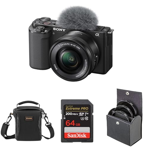 Sony ZV-E10 APS-C Mirrorless Interchangeable Lens Vlogging Camera with 16-50mm Lens, Black - Bundle with 64GB SD Card, Shoulder Bag, 40.5mm Filter Kit