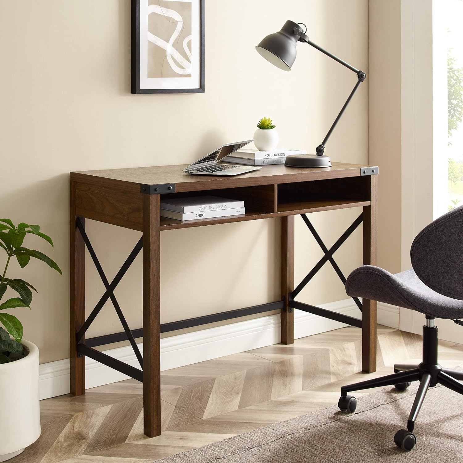 Walker Edison Callum Modern Farmhouse Metal X Writing Desk, 42 Inch, Grey Wash