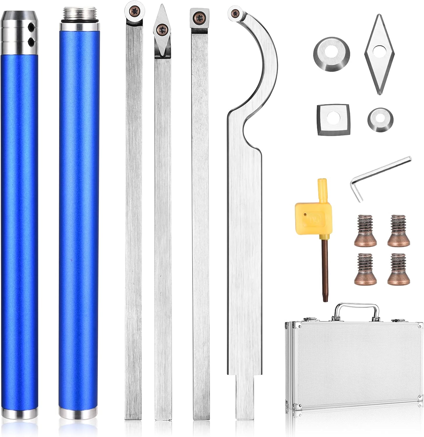 8 in 1 Carbide Turning Tools BITOWAT Wood Lathe Accessories Tipped Woodturning Set with 4 Replaceable Cutter Heads, Aluminum Case, Rougher, Finisher