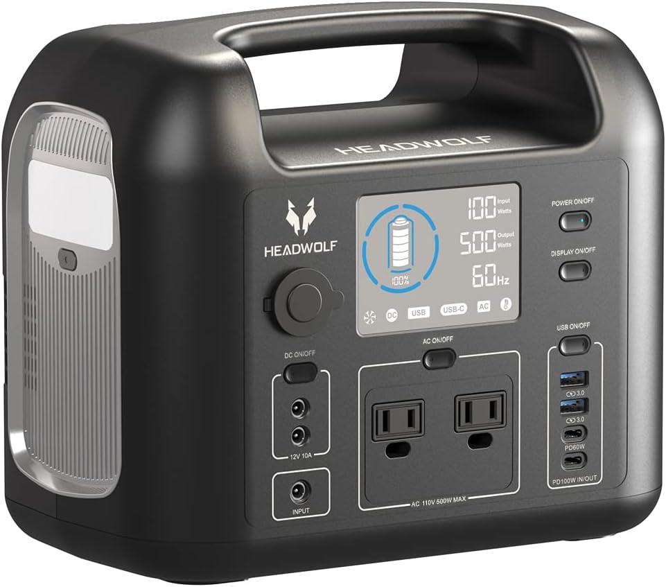 Headwolf D500 Portable Power Station, 518Wh LiFePO4 Battery Backup,110V/500W AC Outlets 9-Ports Outdoor Generator