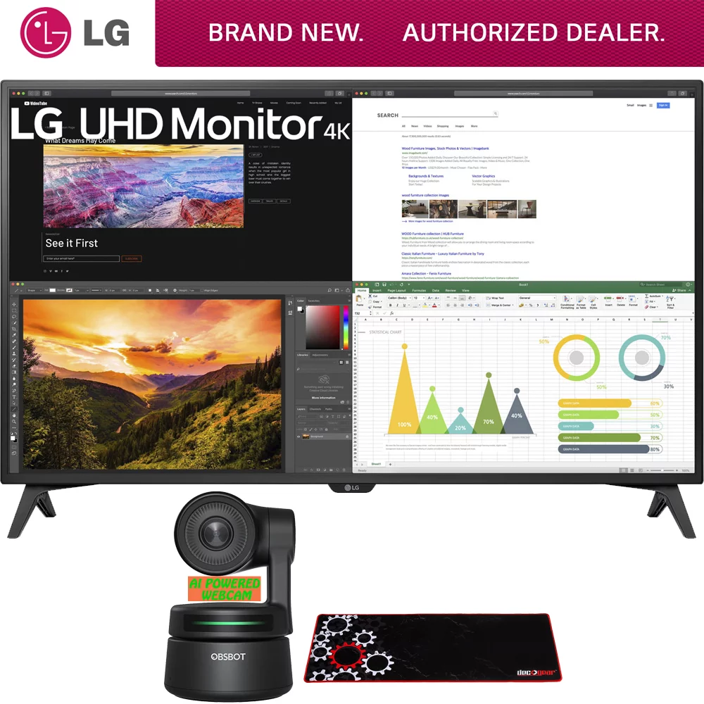 LG 43UN700T-B 43" 4K UHD 3840x2160 IPS USB-C HDR 10 Monitor Bundle with OBSBOT Tiny AI-Powered PTZ Webcam