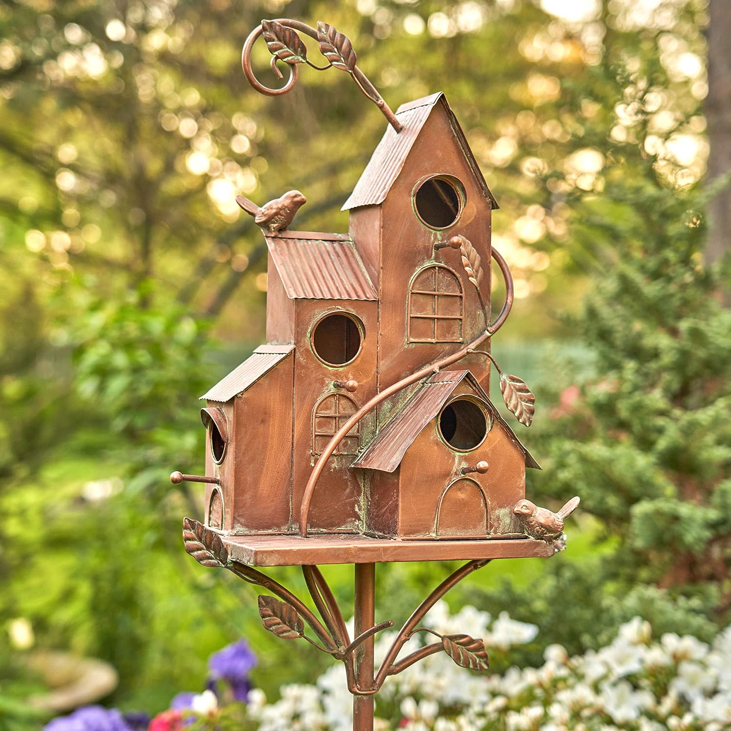Zaer Ltd. Large Copper Colored Multi-Birdhouse Stakes, Room for 4 Bird Families in Each (Castle Home)