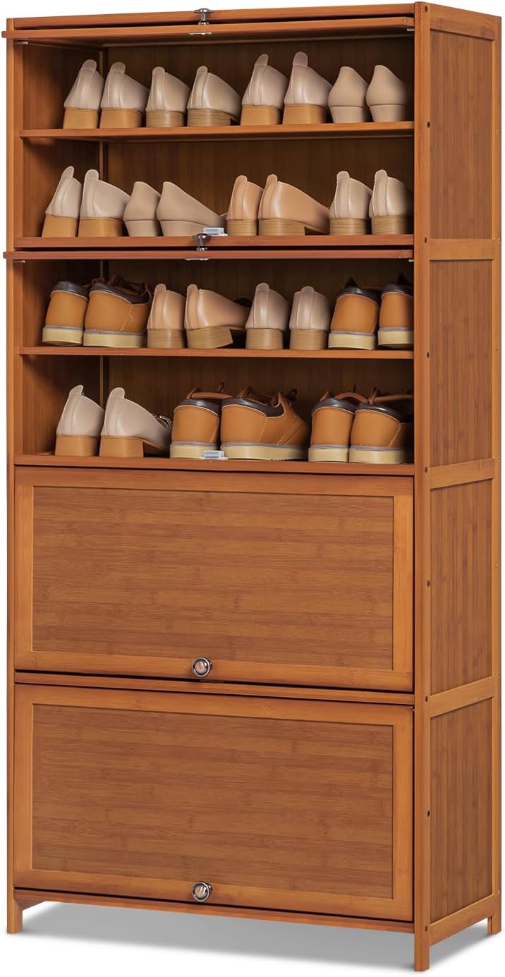 Magshion Bamboo Free Standing 8 Tier Shoe Shelf Storage Rack with Flip Doors