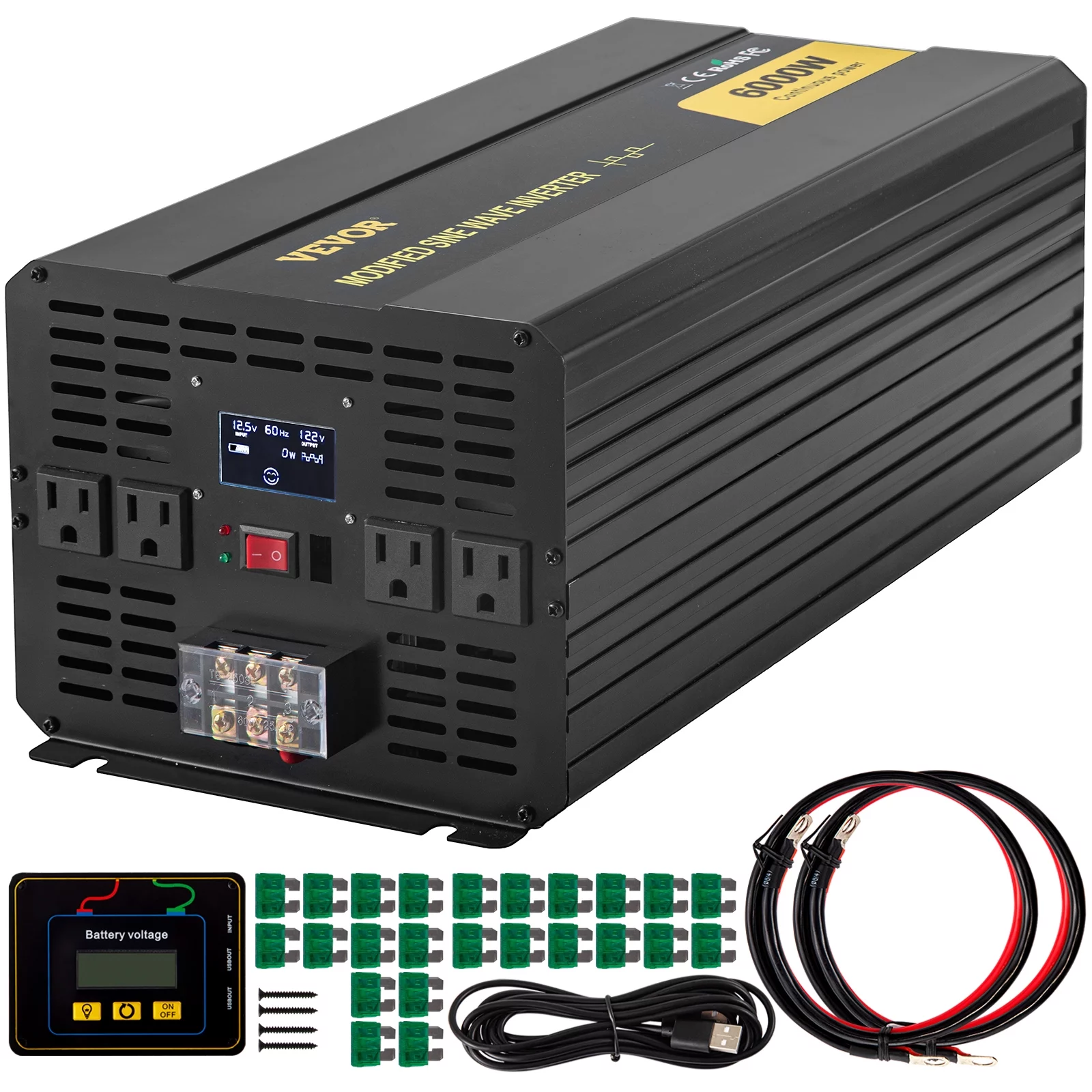 VEVOR Power Inverter 6000W Modified Sine Wave Inverter DC 12V to AC 120V Car Converter with LCD Display Remote Controller LED Indicators AC Outlets