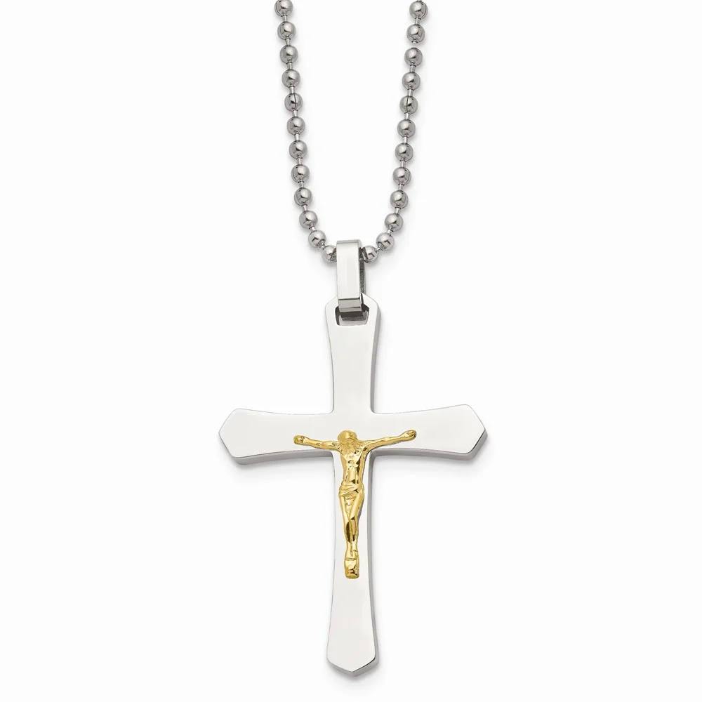 Stainless Steel 22in Polished With Real 14kt Gold Accent Crucifix Necklace; 22 inch; for Adults and Teens; for Women and Men