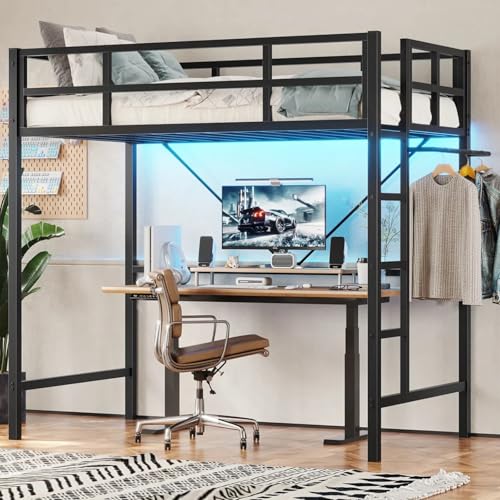 DICTAC Loft Bed Twin Size with Ladder and Guardrail,Metal Twin Loft Bed with Led Lights,Small Space Saving Furniture Design for Bedroom