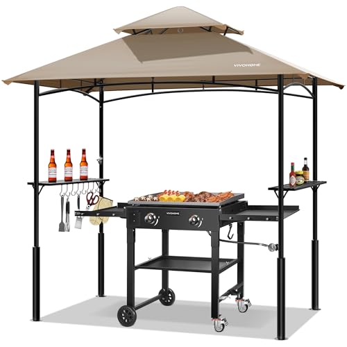 VIVOHOME 8&times;5 ft Grill Gazebo Outdoor BBQ Patio Canopy Tent with Double Tiered Vented Top & 2 Side Shelves, Beige