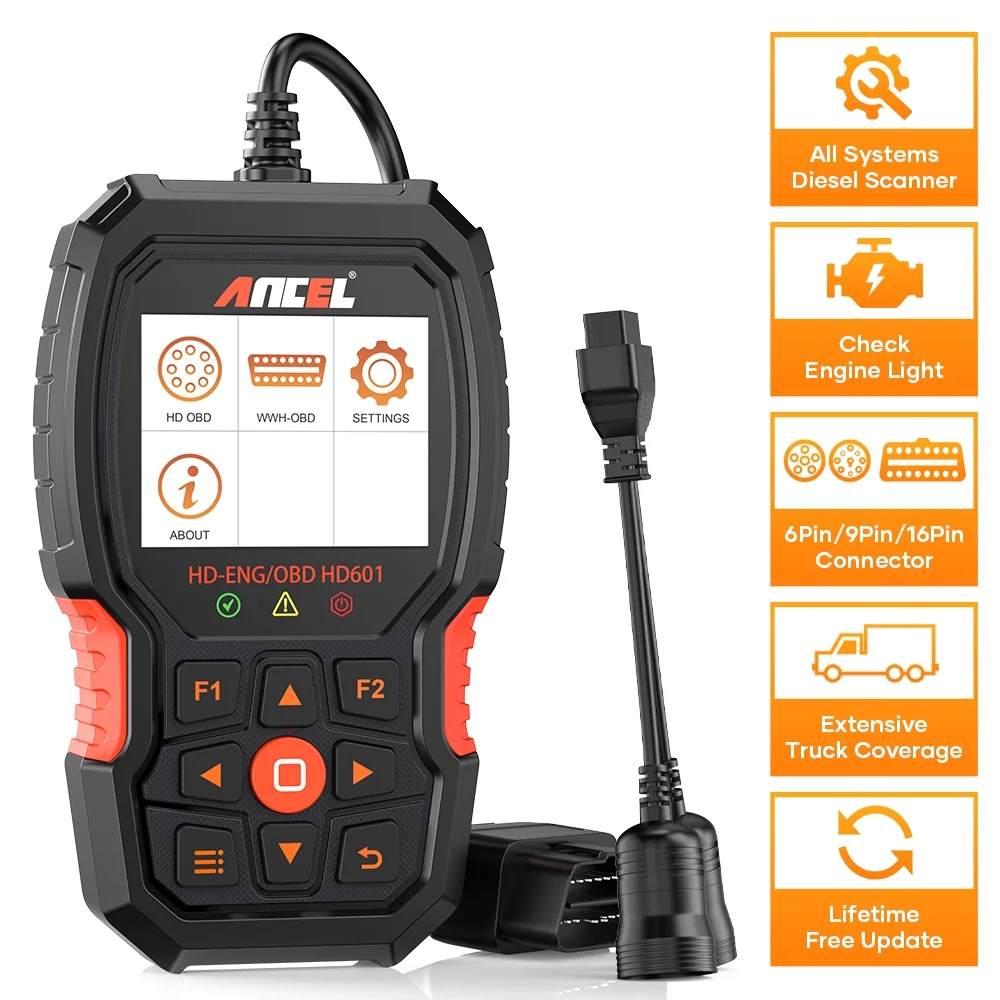 Ancel HD601 Heavy Truck Scanner All System Diesel Truck Diagnostic Scan Tool OBD2 Scanner Code Reader for Diesel Heavy Trucks & Cars 2 in 1 Code