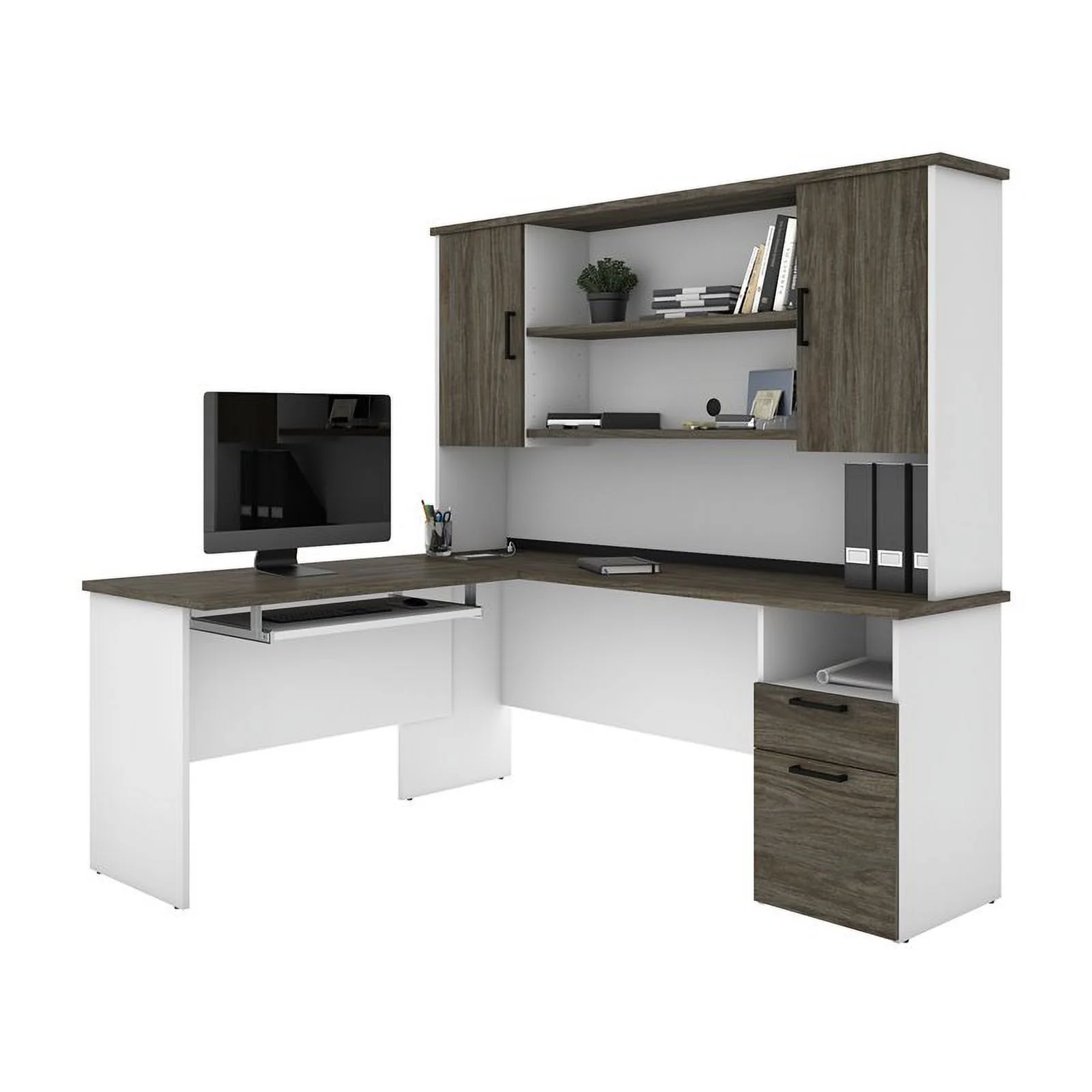 Pemberly Row L Shaped Computer Desk with Hutch in Walnut Gray and White