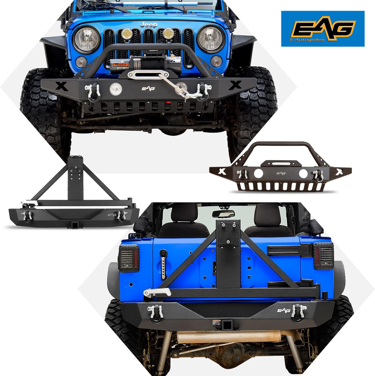 EAG Front Bumper and Rear Bumper Combo with Skid Plate & Tire Cattierfit for 07-18 Wrangler JK