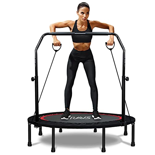 RAVS Mini Trampoline for Kids Adults 40"/48" Foldable Fitness Rebounder Kids Trampoline with 5 Levels Height Adjustable Handle Resistance Bands