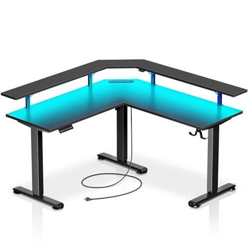 Rolanstar Standing Desk L Shaped with LED Light and Power Outlet, Electric Height Adjustable Desk with Monitor Stand, Sit Stand Up Desk