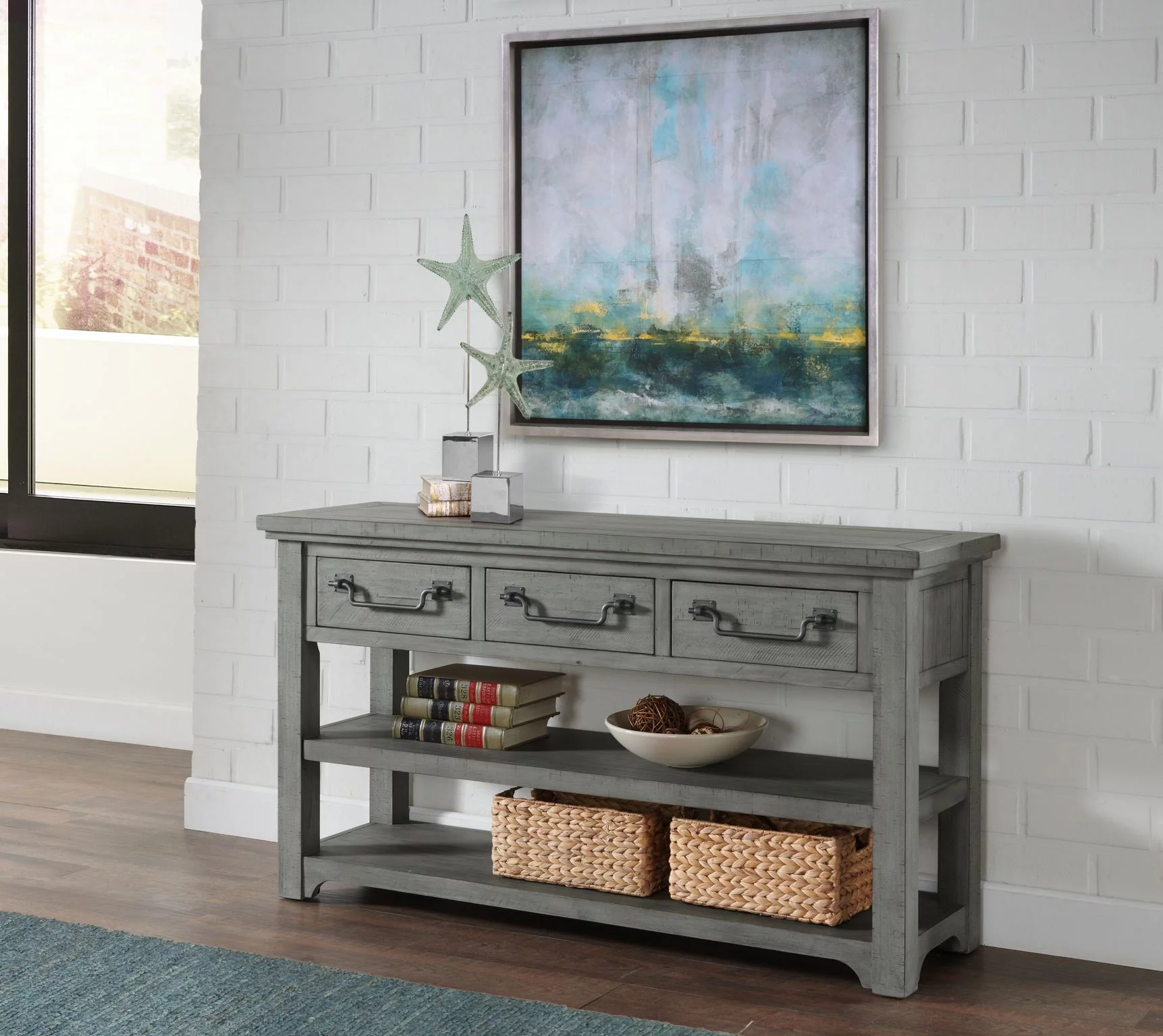 Martin Svensson Home Beach House Dove Grey Solid Wood 3-Drawer Sofa Console Table