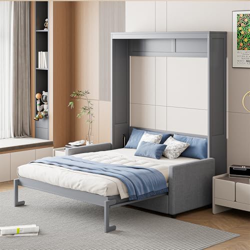 Polibi Full Size Murphy Bed with Loveseat Sofa, Wall Bed with Cushions, Horizontal Foldable Bed Frame, Grey