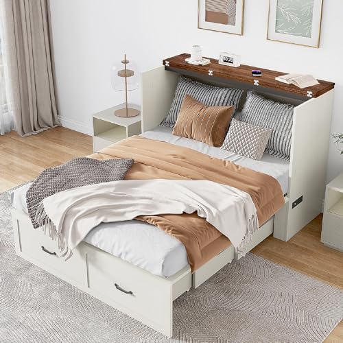 Full Size Murphy Chest Bed with Drawer and Charging Station, Farmhouse Wood Space-Saving Hidden Folding Bed Chest