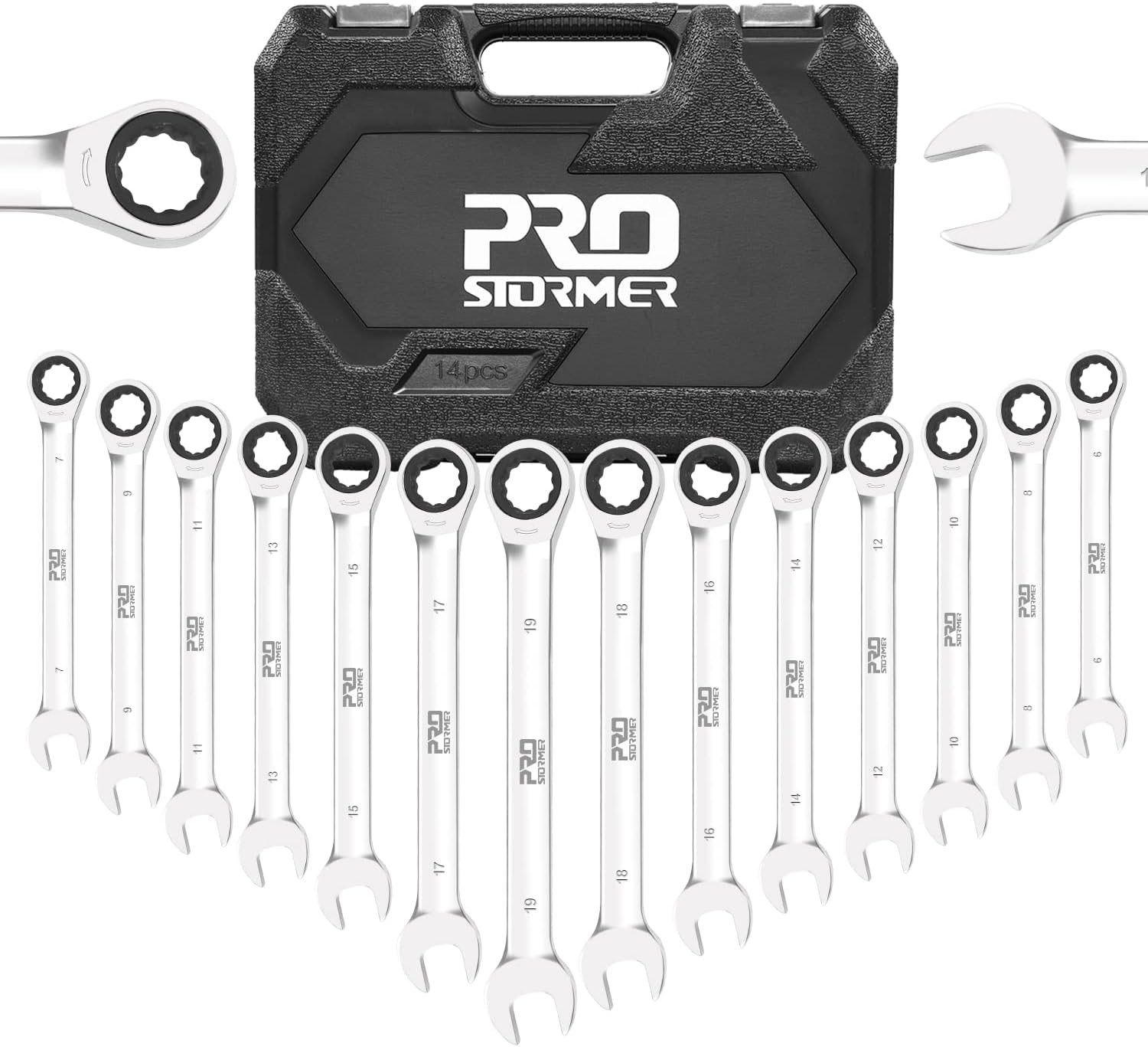 PROSTORMER 14-Piece Ratcheting Wrench Set, 6-19mm Metric Chrome Vanadium Steel Ratchet Wrenches