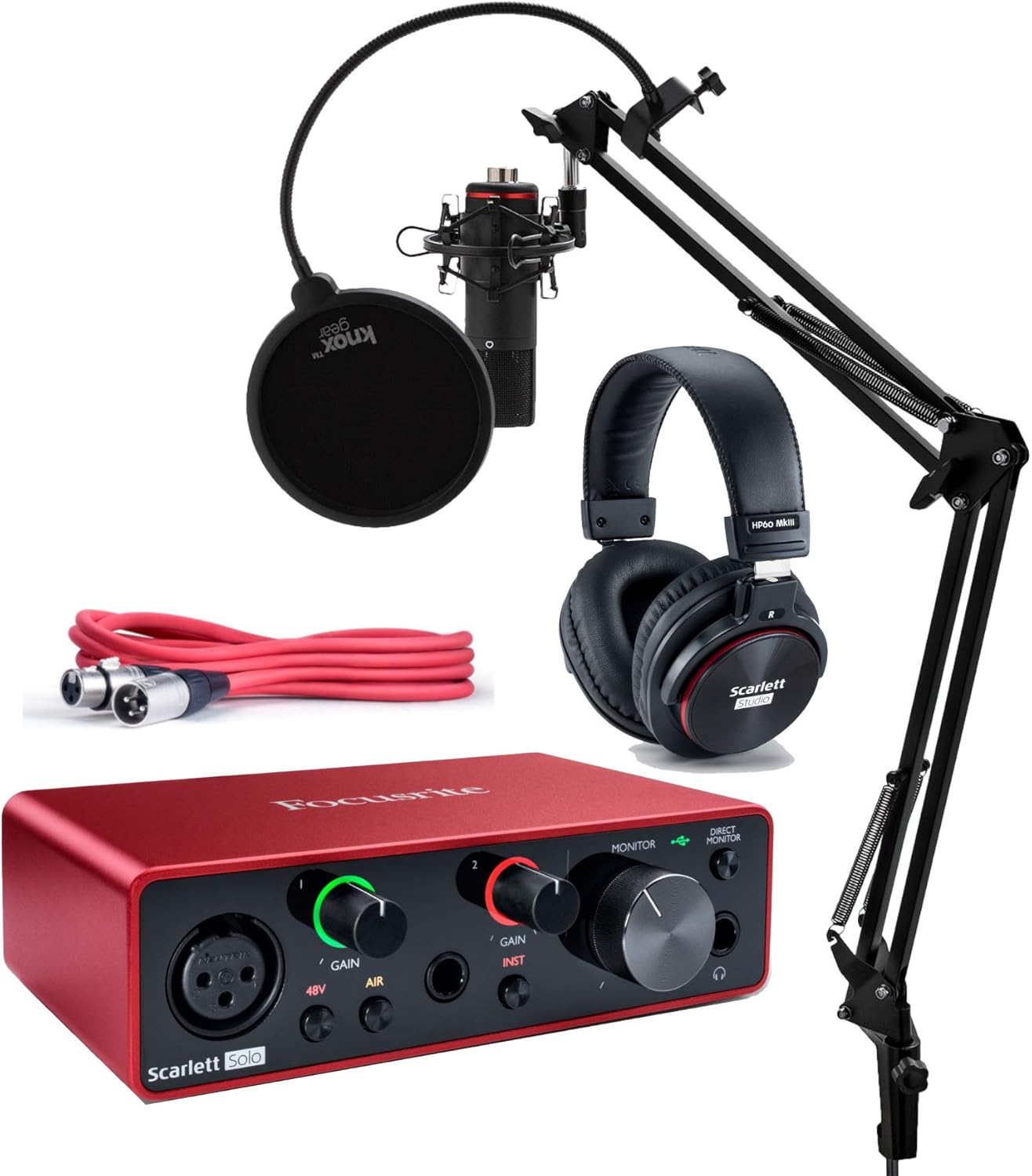 Focusrite Scarlett Solo Studio 3rd Gen USB Audio Interface and Recording Bundle with Microphone, Headphones, XLR Cable, Knox Studio Stand