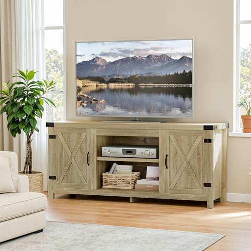 YESHOMY Modern Farmhouse TV Stand with Two Barn Doors and Storage Cabinets for Televisions up to 65+ Inch, Entertainment Center Console Table