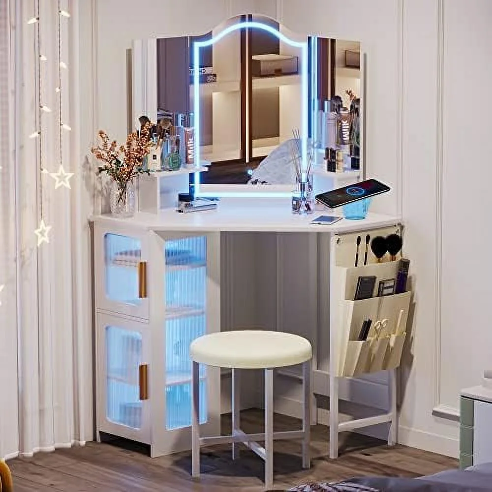 Vanity Desk with Mirror and Lights  Makeup Vanity with Charging Station  Dressing Table with 3 Lighting Options  Vanity Set with Drawers