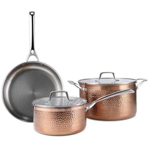 Luxury Hammered Stainless Steel Cookware set, 5 Piece Heavy Duty Pots and Pans set, Non Toxic, PTFE & PFOA Free, Oven & Dishwasher Safe