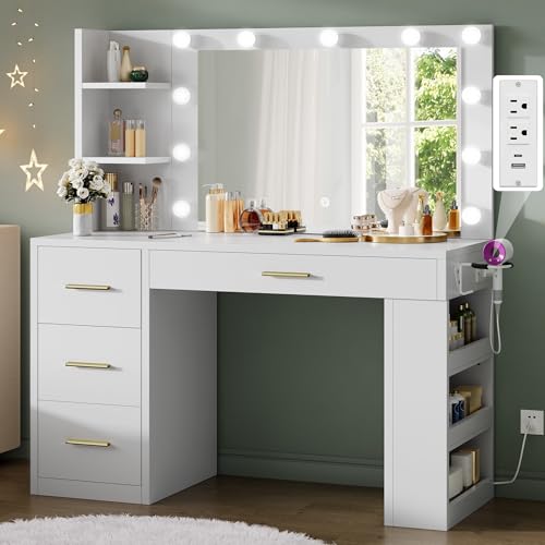 DWVO Vanity Desk with Mirror, Large Makeup Table with Power Outlets, 11 LED Bulbs, 3 Adjustable Light Modes, 4 Drawers and Built-in Shelves